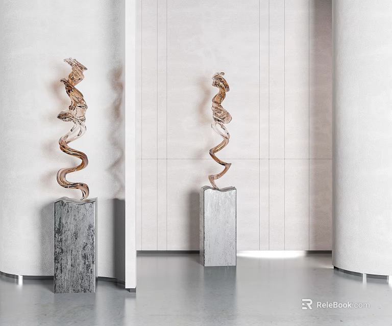 Abstract Spiral Metal Sculpture Decorative Art Piece With Stone Base In Modern Interior 3d model 