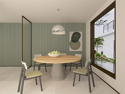 Elegant Restaurant Interior Featuring Green Striped Walls Round Dining Table Fruit Bowl And Pendant Light 3d model
