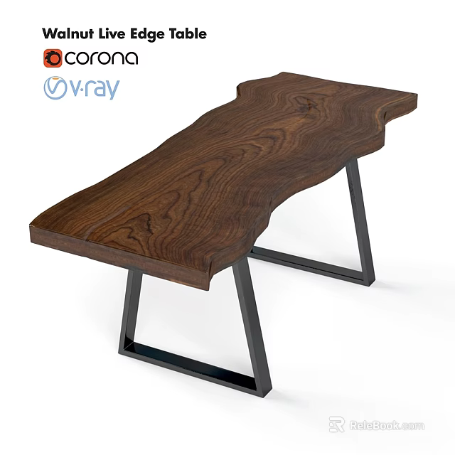 Modern Live Edge Wooden Dining Table With Unique Shape And Black Metal Legs Design 3d model 