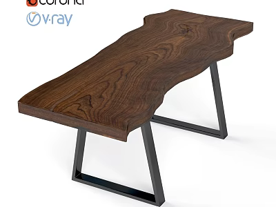 Modern Live Edge Wooden Dining Table With Unique Shape And Black Metal Legs Design 3d model