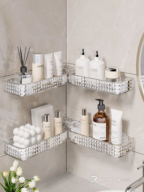 Transparent Diamond Pattern Bathroom Corner Shelves With Toiletries Fragrance And Cotton Balls 3d model 