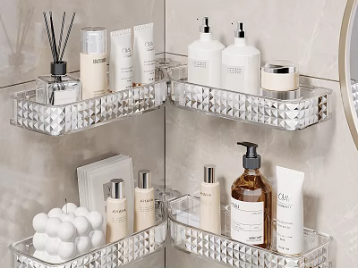 Transparent Diamond Pattern Bathroom Corner Shelves With Toiletries Fragrance And Cotton Balls 3d model