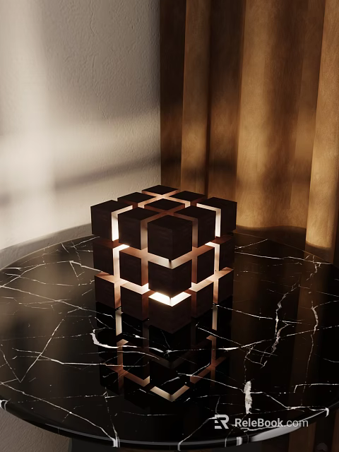 Modern Cube Table Lamp With Warm Lighting On Black Marble Tabletop And Metal Accents 3d model 