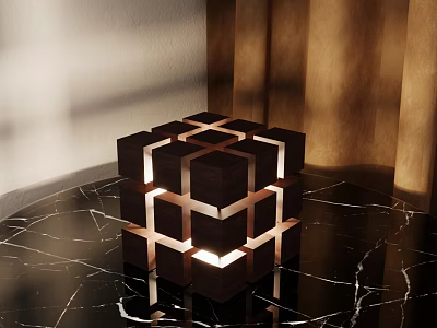 Modern Cube Table Lamp With Warm Lighting On Black Marble Tabletop And Metal Accents 3d model