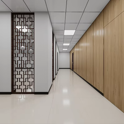 Modern Elevator Hallway With Wooden Walls White Floor Lattice Partition And Ceiling Lights 3d model