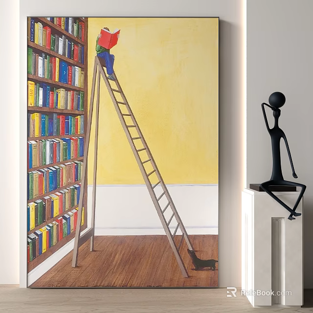 Animal Painting in Interior with Yellow Wall Ladder Colorful Bookshelf and Black Sculpture 3d model 