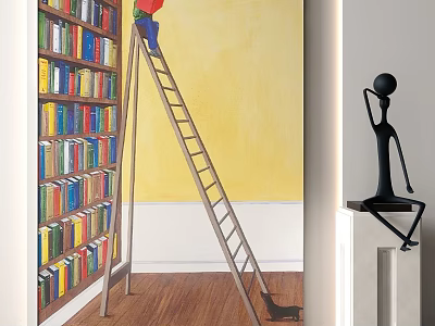 Animal Painting in Interior with Yellow Wall Ladder Colorful Bookshelf and Black Sculpture 3d model