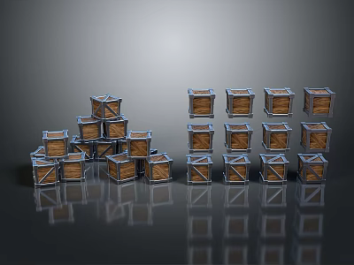 Stacked Wooden Crates With Metal Frames On Gray Background And Reflective Floor 3d model
