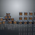 Stacked Wooden Crates With Metal Frames On Gray Background And Reflective Floor