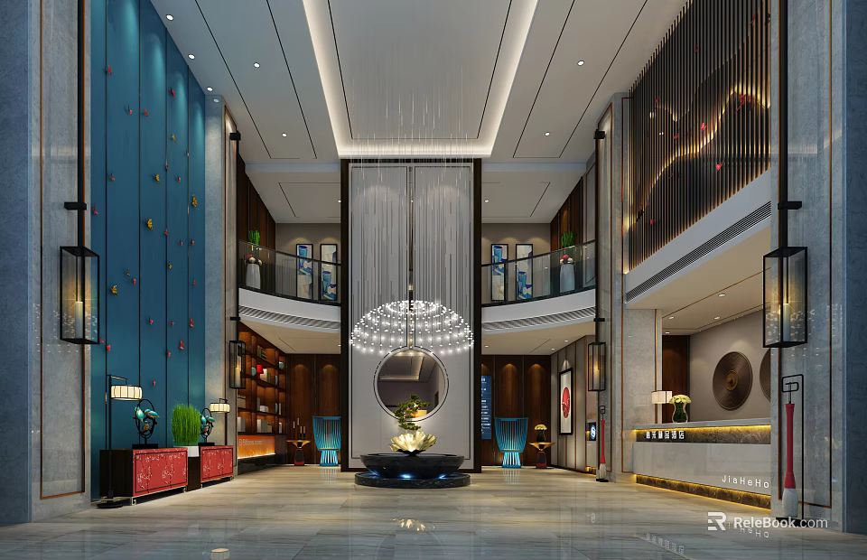 Elegant Hotel Lobby Interior With Grand Chandelier Reception Desk And Marble Floor 3d model 