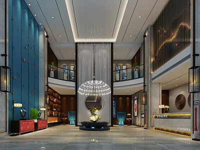 Elegant Hotel Lobby Interior With Grand Chandelier Reception Desk And Marble Floor 3d model