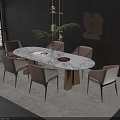 Elegant Oval White Marble Dining Table Set with Six Beige Chairs Gold Legs