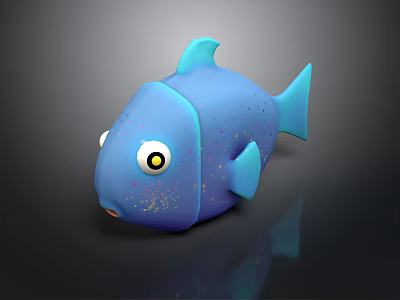 Blue Cartoon Style Fish With Big Eyes And Colorful Spots On Dark Background 3d model