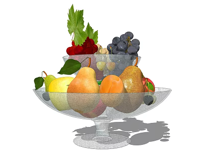 Ceramic Fruit Bowl Filled With Fresh Pears Peaches Grapes And Green Leaves 3d model