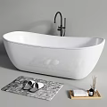 Freestanding White Bathtub With Black Faucet Gray Rug Slippers And Aromatherapy Tray