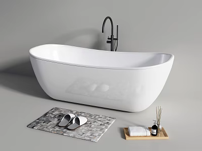 Freestanding White Bathtub With Black Faucet Gray Rug Slippers And Aromatherapy Tray 3d model