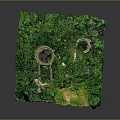 Cartoon Scene of Two Ancient Towers Castle Ruins Surrounded by Lush Green Vegetation and Path