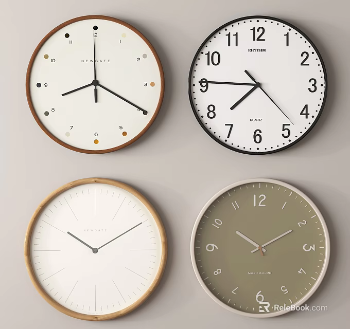 Various Modern Wall Clocks With Wooden Frames White Dials And Black Hands 3d model 