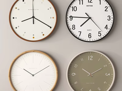 Various Modern Wall Clocks With Wooden Frames White Dials And Black Hands 3d model