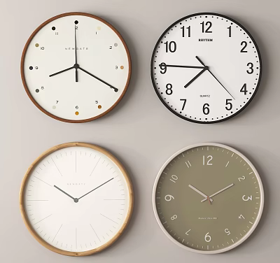 Various Modern Wall Clocks With Wooden Frames White Dials And Black Hands 3d model