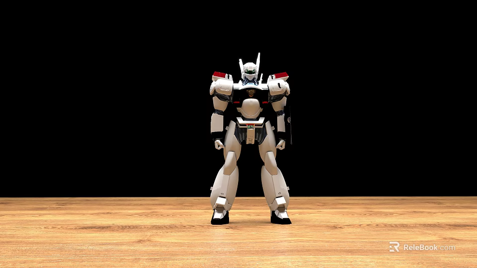 Robot Action Figure with White Black Red Details Standing on Wooden Floor with Black Background 3d model 