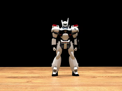 Robot Action Figure with White Black Red Details Standing on Wooden Floor with Black Background 3d model