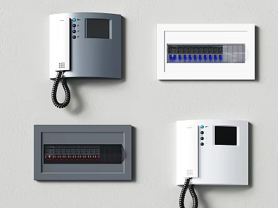 Wall Mounted Doorbell Units In White And Gray With Display Screen And Control Buttons 3d model
