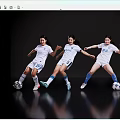 Women Soccer Players In White Sportswear With Dynamic Movements And Soccer Balls Against Black Background