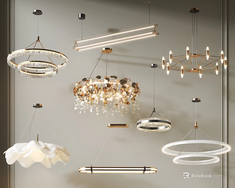 Various Modern Chandelier Designs Including Crystal Circular And Petal Shaped Styles 3d model 