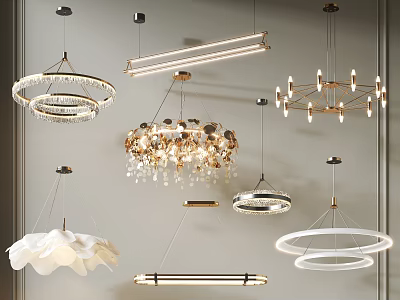 Various Modern Chandelier Designs Including Crystal Circular And Petal Shaped Styles 3d model
