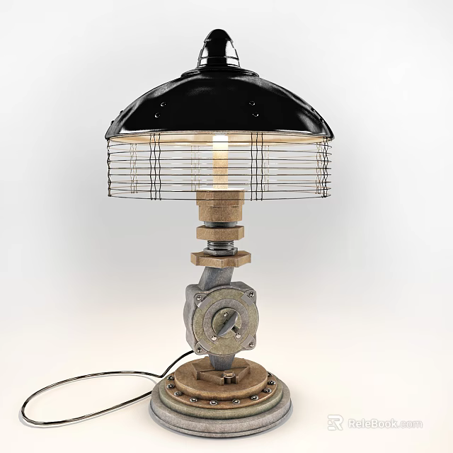 Industrial Style Table Lamp With Metal Gear Base And Wire Mesh Shade 3d model 