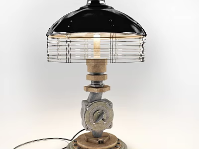 Industrial Style Table Lamp With Metal Gear Base And Wire Mesh Shade 3d model
