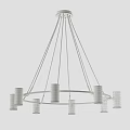 Modern Brass Chandelier With Circular Frame And Cylindrical Shades Black Hanging Cables For Contemporary Interior