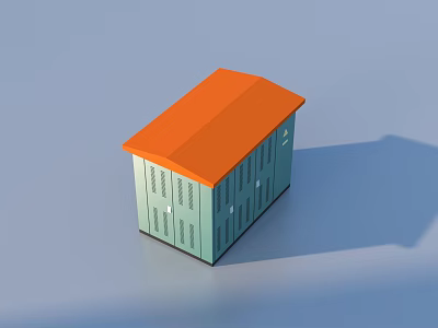 Small Green Storage Shed With Orange Roof And White Door Details 3d model