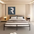 Modern Double Bed with Metal Frame Gray Bedding Nightstand Lamp Open Book and Artwork