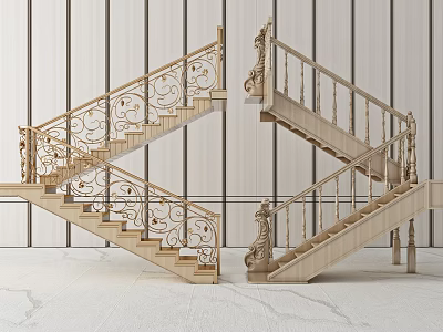 Elegant Wooden Staircase With Ornate Railings And Carved Details In Modern Interior 3d model