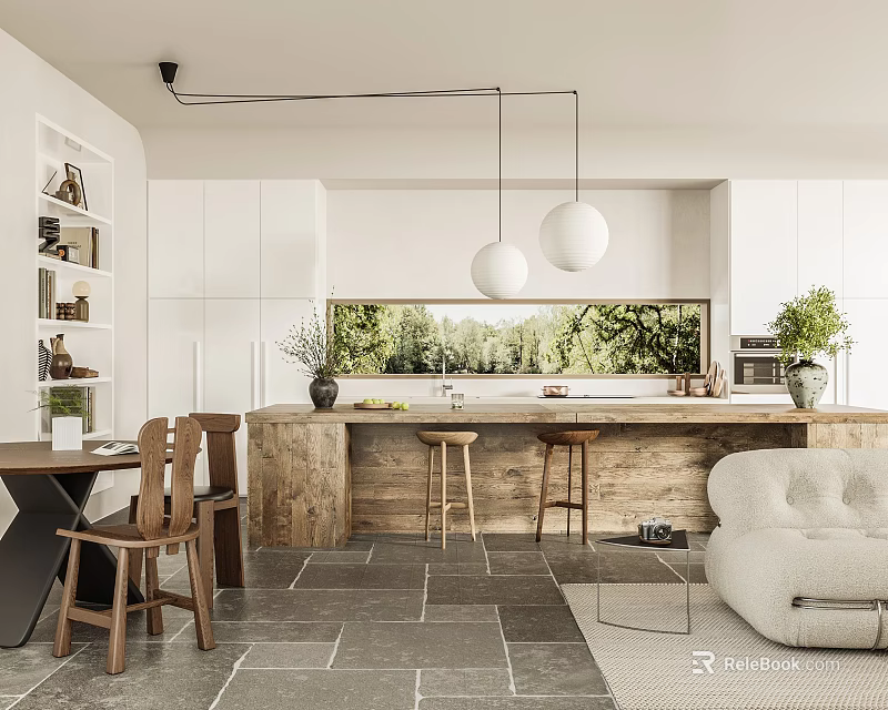 Modern Restaurant Interior With Open Kitchen White Cabinets Wooden Island Bar Stools And Hanging Lights 3d model 