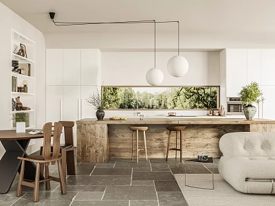Modern Restaurant Interior With Open Kitchen White Cabinets Wooden Island Bar Stools And Hanging Lights 3d model