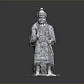 Man Statue Standing In Traditional Attire Holding Sword With Detailed Carving
