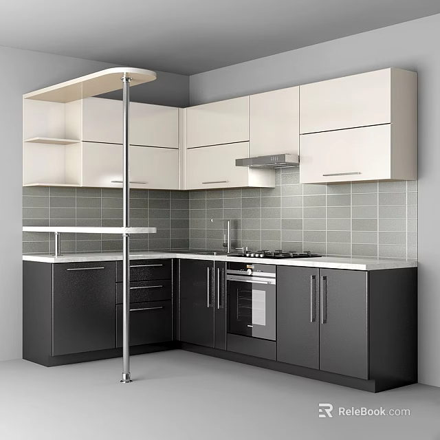 Modern Kitchen With White And Black Cabinets Stove Range Hood And Tile Backsplash 3d model 