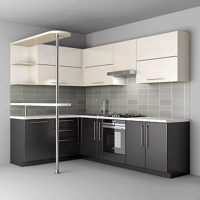 Modern Kitchen With White And Black Cabinets Stove Range Hood And Tile Backsplash 3d model