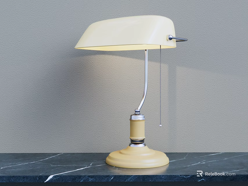 Vintage Cream Table Lamp with Curved Metal Arm Round Base on Black Marble Countertop 3d model 