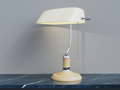 Vintage Cream Table Lamp with Curved Metal Arm Round Base on Black Marble Countertop 3d model