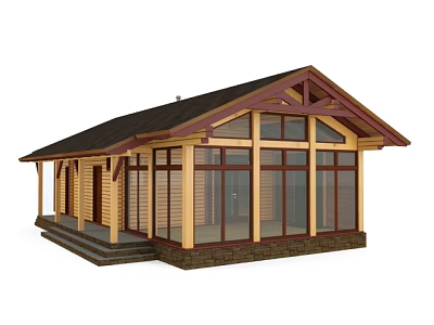 Wooden House With Large Glass Windows Dark Roof And Porch Steps 3d model