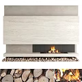 Modern Stone Fireplace Interior Design With Burning Fire And Stacked Firewood