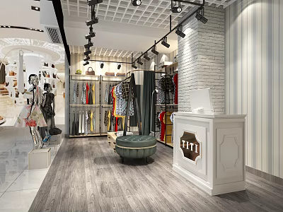 Stylish Clothing Store Interior Design With Mannequins Racks And Cashier Counter 3d model