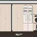Modern White Wardrobe With Glass Doors Clothes Inside And Dressing Table Mirror On Wooden Floor