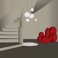 Spiral Staircase with Black Striped Walls Red Curved Sofa White Spherical Lights and Pebble Floor