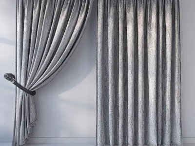 Gray Textured Curtains Partially Drawn With Curtain Rod And Tieback Against White Wall 3d model