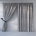 Gray Textured Curtains Partially Drawn With Curtain Rod And Tieback Against White Wall